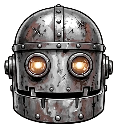 Painted study of a riveted, rust-streaked iron robot head with two glowing amber eyes.